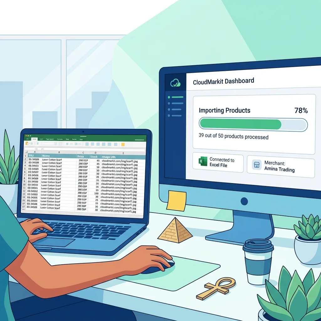 ملف Excel فيه 50 منتج يتم رفعه على CloudMarkit + Progress Bar