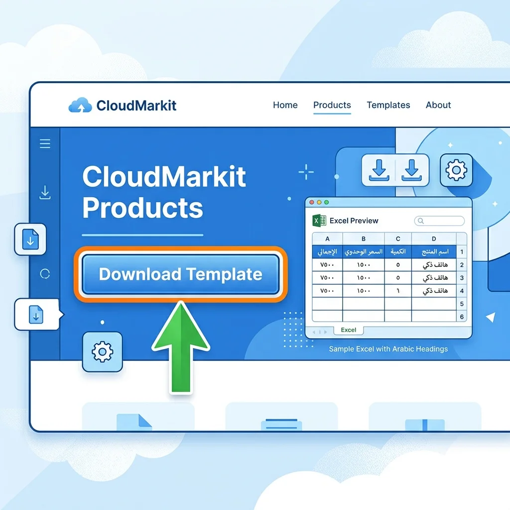 صفحة استيراد المنتجات على CloudMarkit مع زرار تحميل القالب