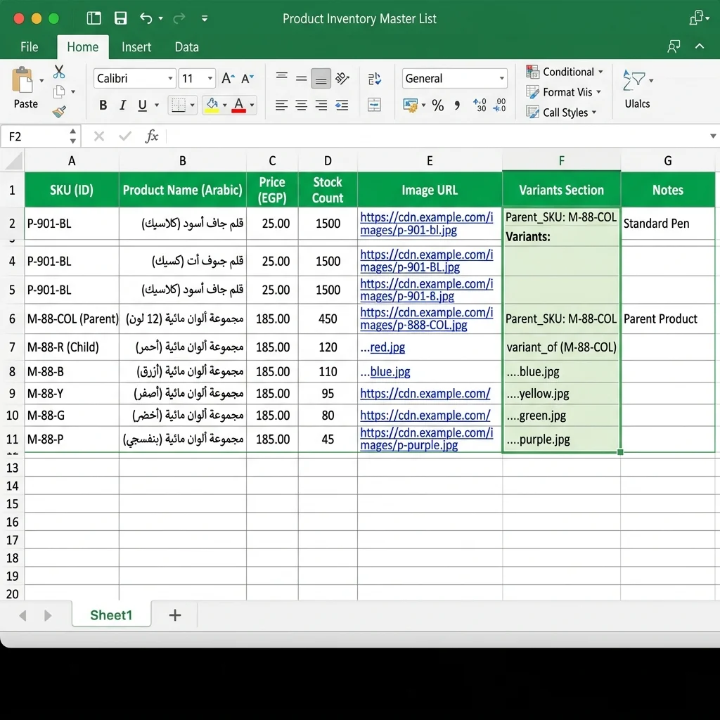 Excel template مملوء صح بمنتجات مرتبة + variants