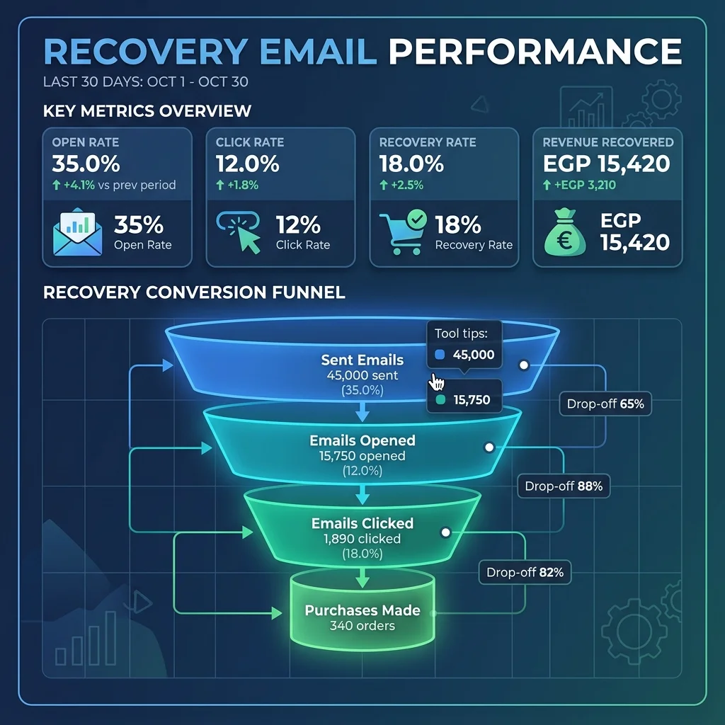 Dashboard متابعة Cart Recovery — open rate، click rate، recovery rate