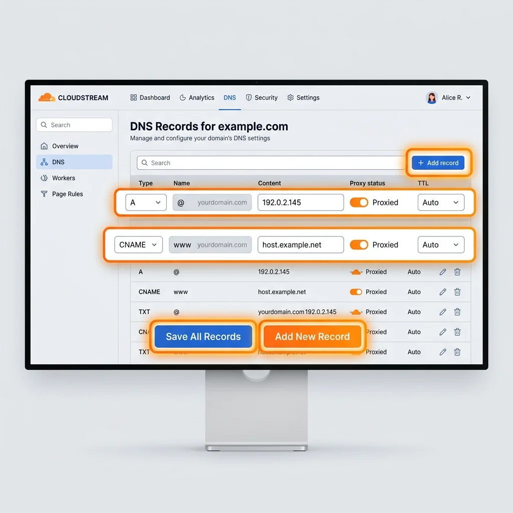 صفحة DNS Management عند Cloudflare / NameCheap بإضافة الـ records
