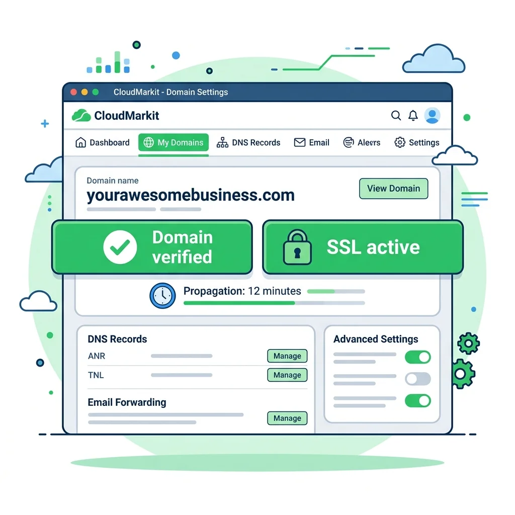 علامة ✓ خضراء على الدومين في CloudMarkit + شهادة SSL مفعّلة