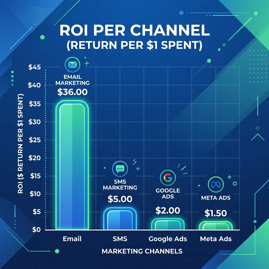 مقارنة ROI: Email vs Meta Ads vs Google vs SMS