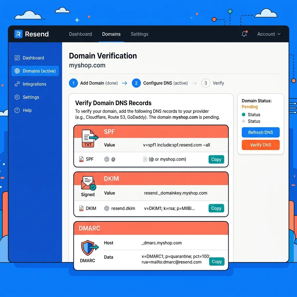 Resend Dashboard + Domain Verification بـ DNS records