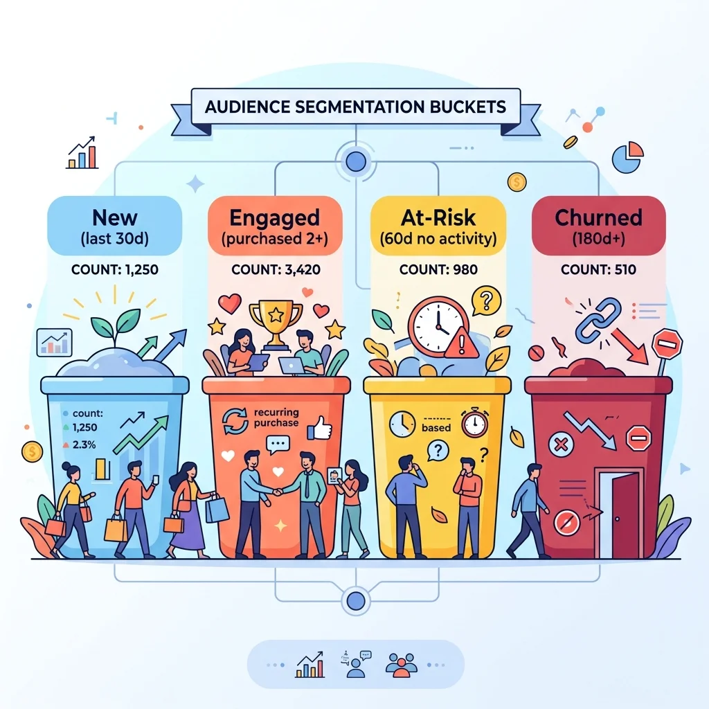 تقسيم العملاء لـ segments: New, Engaged, At-Risk, Churned
