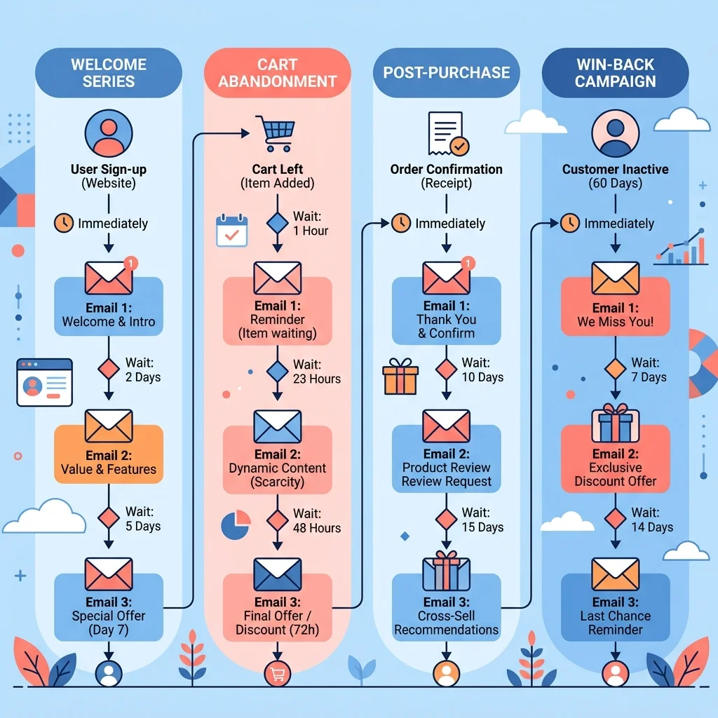 4 automations: Welcome, Cart Abandonment, Post-Purchase, Win-back