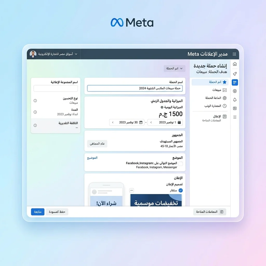 صفحة Meta Ads Manager بإعدادات حملة Sales لمتجر مصري