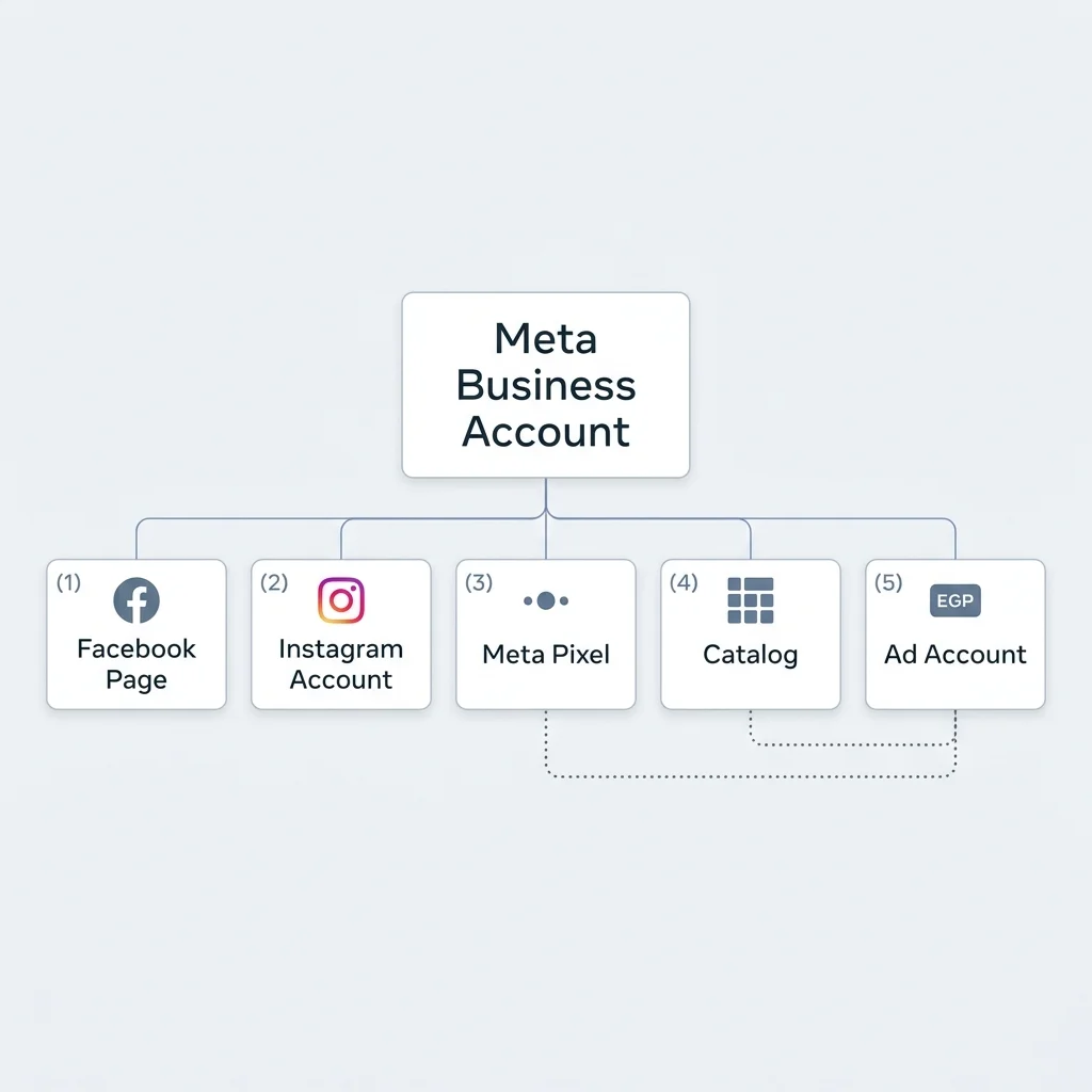 Meta Business Suite بأصول مرتبطة: Page + Pixel + Catalog + Ad Account