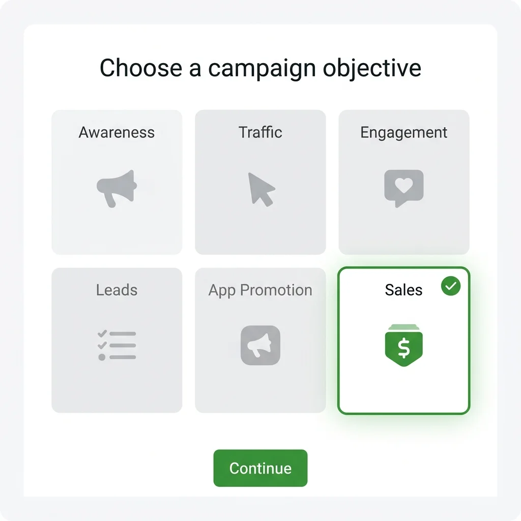 شاشة اختيار Campaign Objective في Meta Ads Manager، Sales مختار