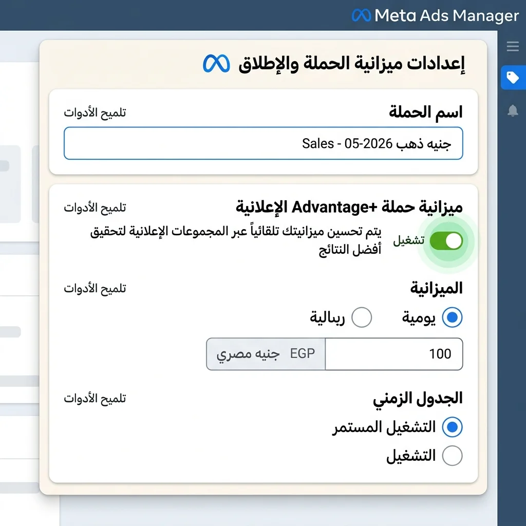 إعدادات Campaign — Daily Budget 100 EGP + Advantage+ Campaign Budget مفعّل