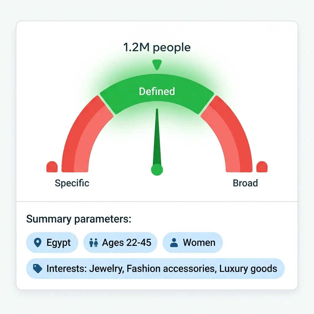 مقياس Audience Size في Meta Ads Manager — مؤشر أخضر بين 500K-2M