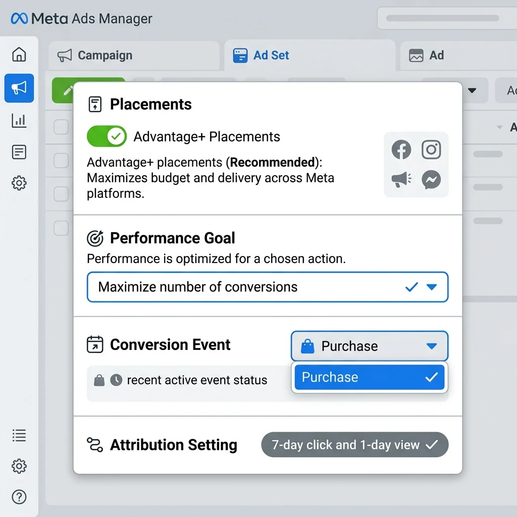 إعدادات Placements + Optimization — Advantage+ + Purchase event + 7-day click attribution
