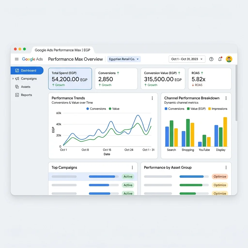 Google Ads Performance Max dashboard لحملة متجر مصري