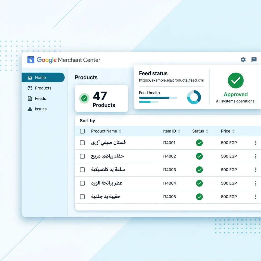 Google Merchant Center بـ catalog مرتبط بـ feed XML