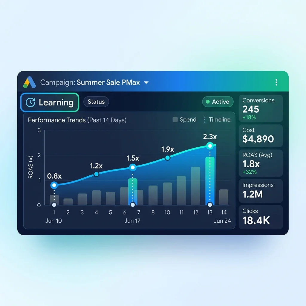 Dashboard PMax بـ 14 يوم Learning + ROAS بيتحسن