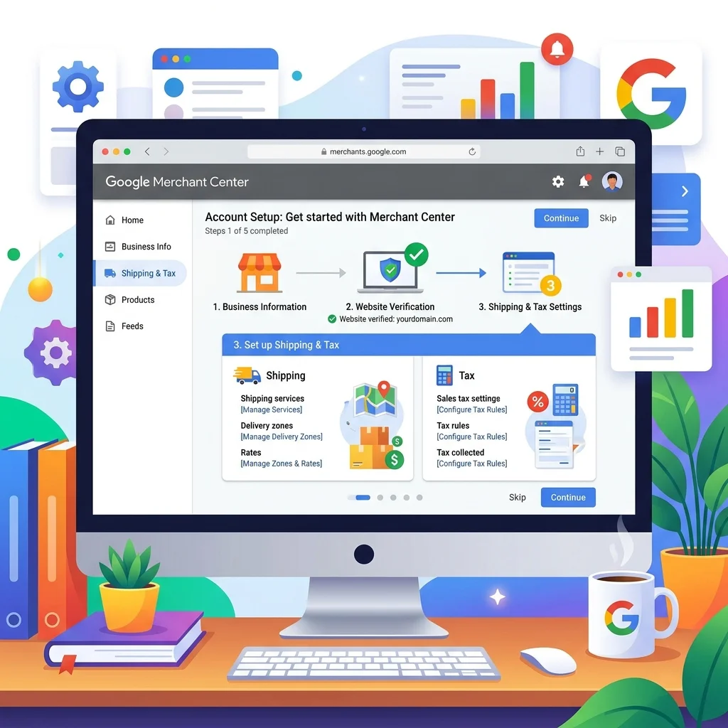 Merchant Center dashboard مع معلومات الأعمال