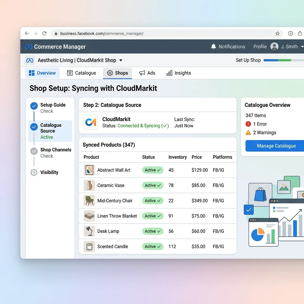 Commerce Manager dashboard مع Catalog مرتبط بـ FB Page + IG