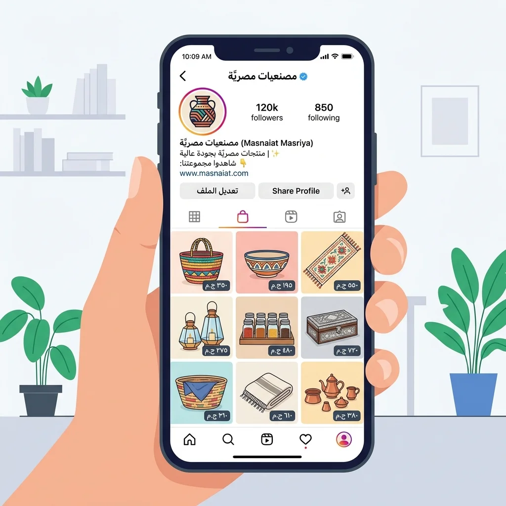 بروفايل Instagram تجاري بـ Shop tab نشط + منتجات مرتبة