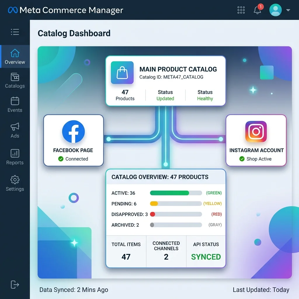 Meta Commerce Manager → Catalog مربوط بـ Instagram + Facebook