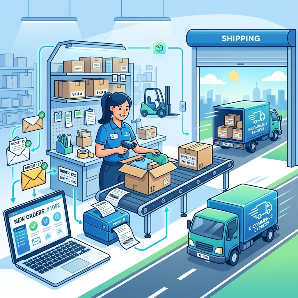 محل تخزين منظم بـ workflow كامل: orders → pick → pack → ship