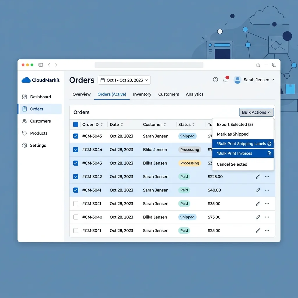 CloudMarkit dashboard - bulk select orders + print AWB
