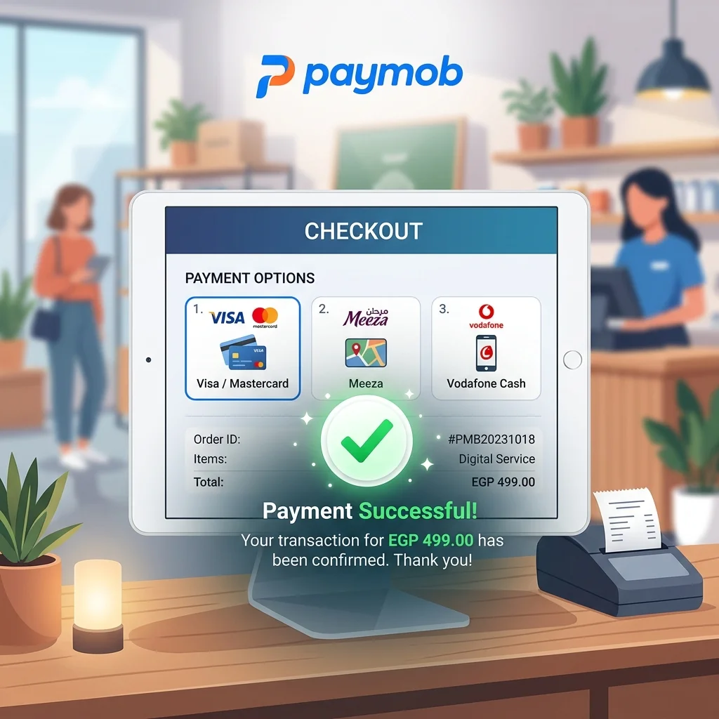 صفحة Paymob checkout مع خيارات Visa + Vodafone Cash + InstaPay