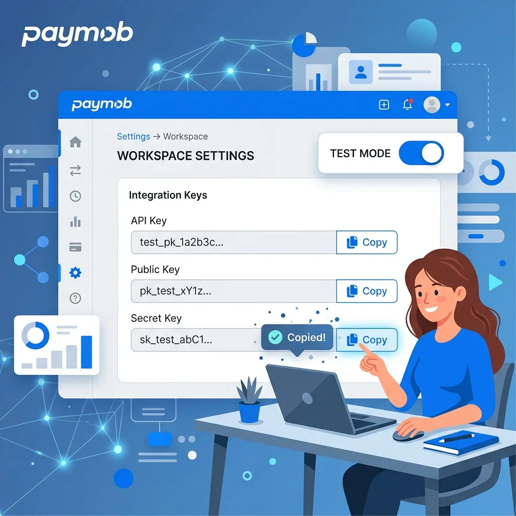 لوحة Paymob Dashboard مع API Key + Integration IDs