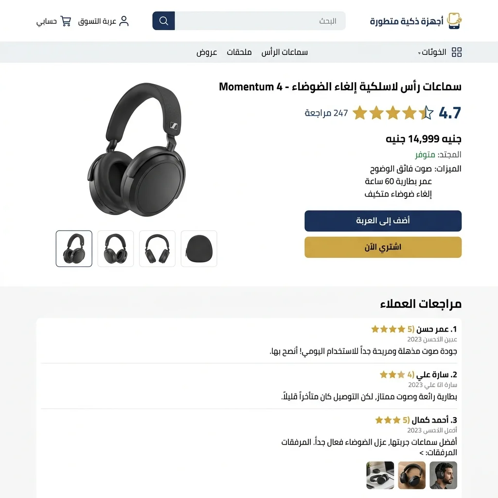 صفحة منتج بتقييمات نجوم + ريفيوهات نصية + صور من العملاء
