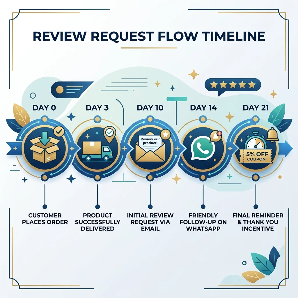 Timeline طلب التقييم: order → delivery → 7d email → 14d sms reminder