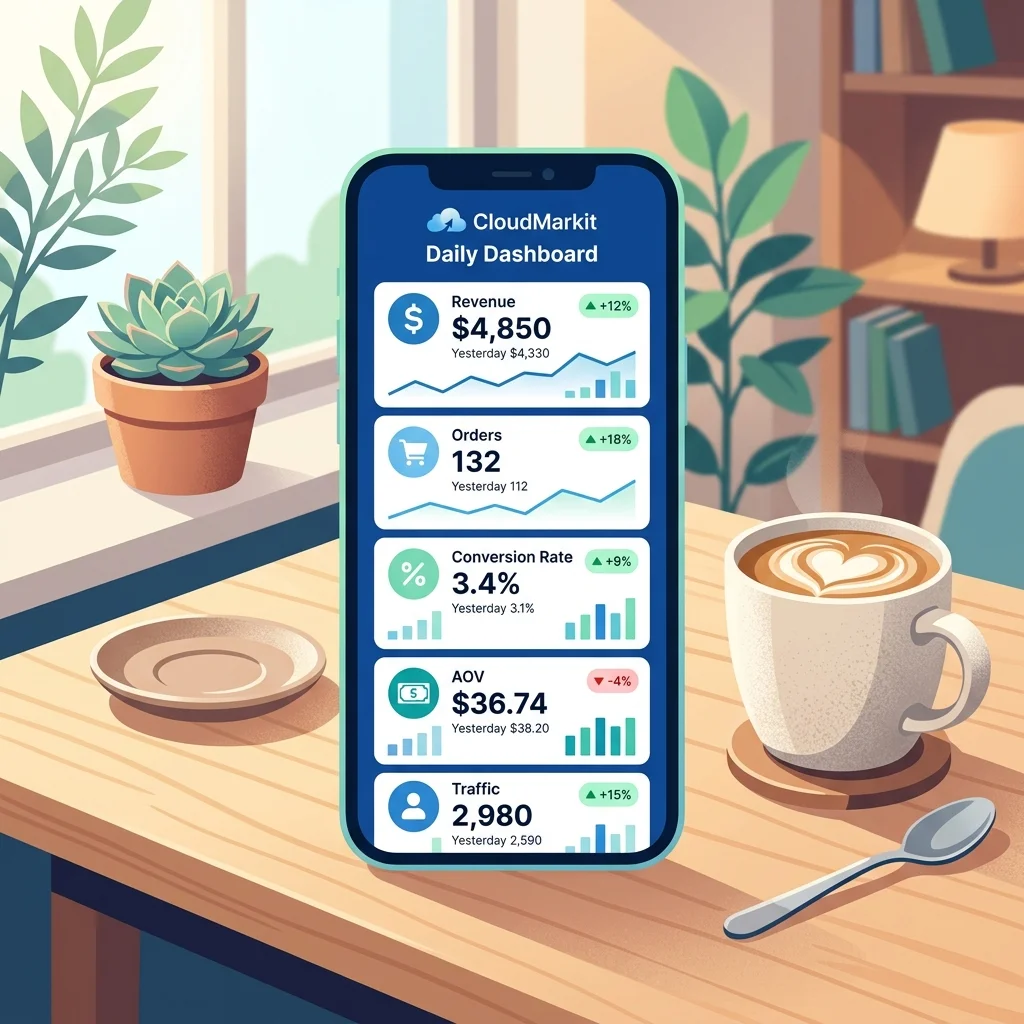 الـ 5 metrics اليومية: revenue, orders, conversion, AOV, traffic