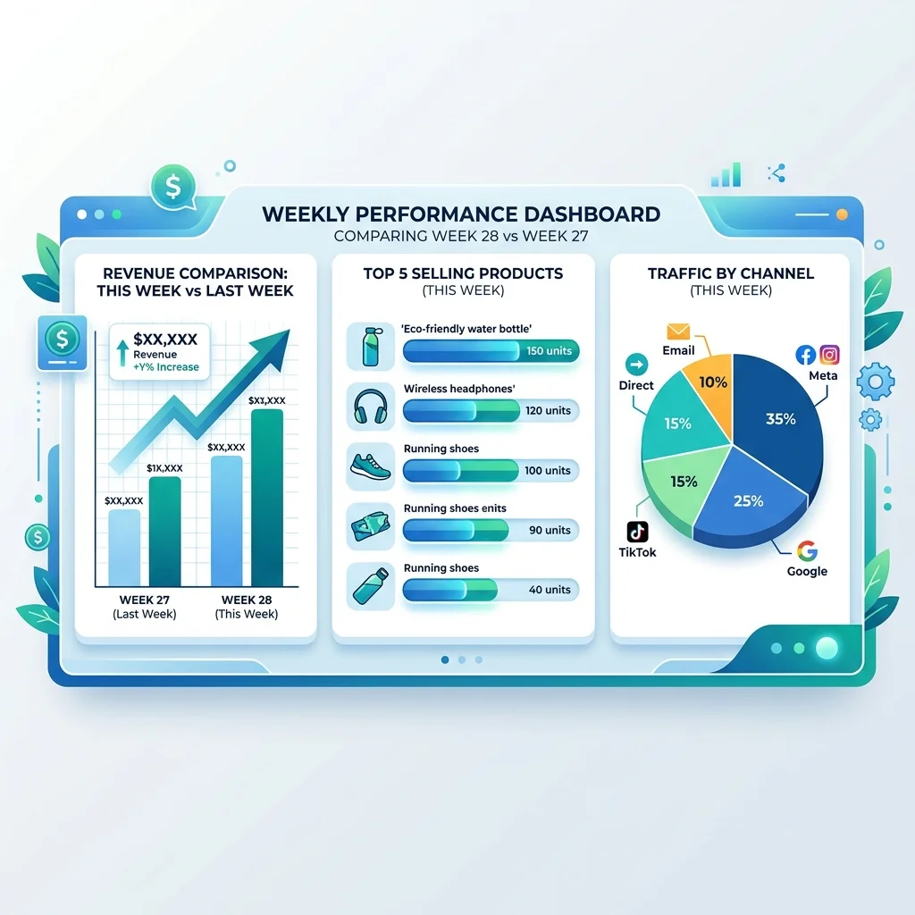 مقارنة أسبوع بأسبوع — Revenue Growth + Top Products + Channels