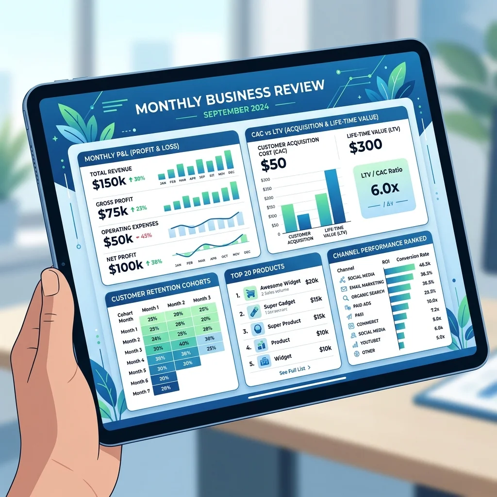 تقرير شهري كامل: Revenue, Margin, CAC/LTV, Retention