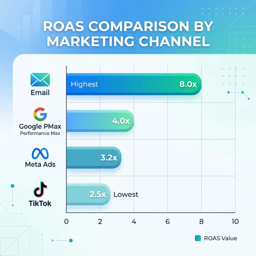 مقارنة ROAS بين Meta, Google, TikTok, Email