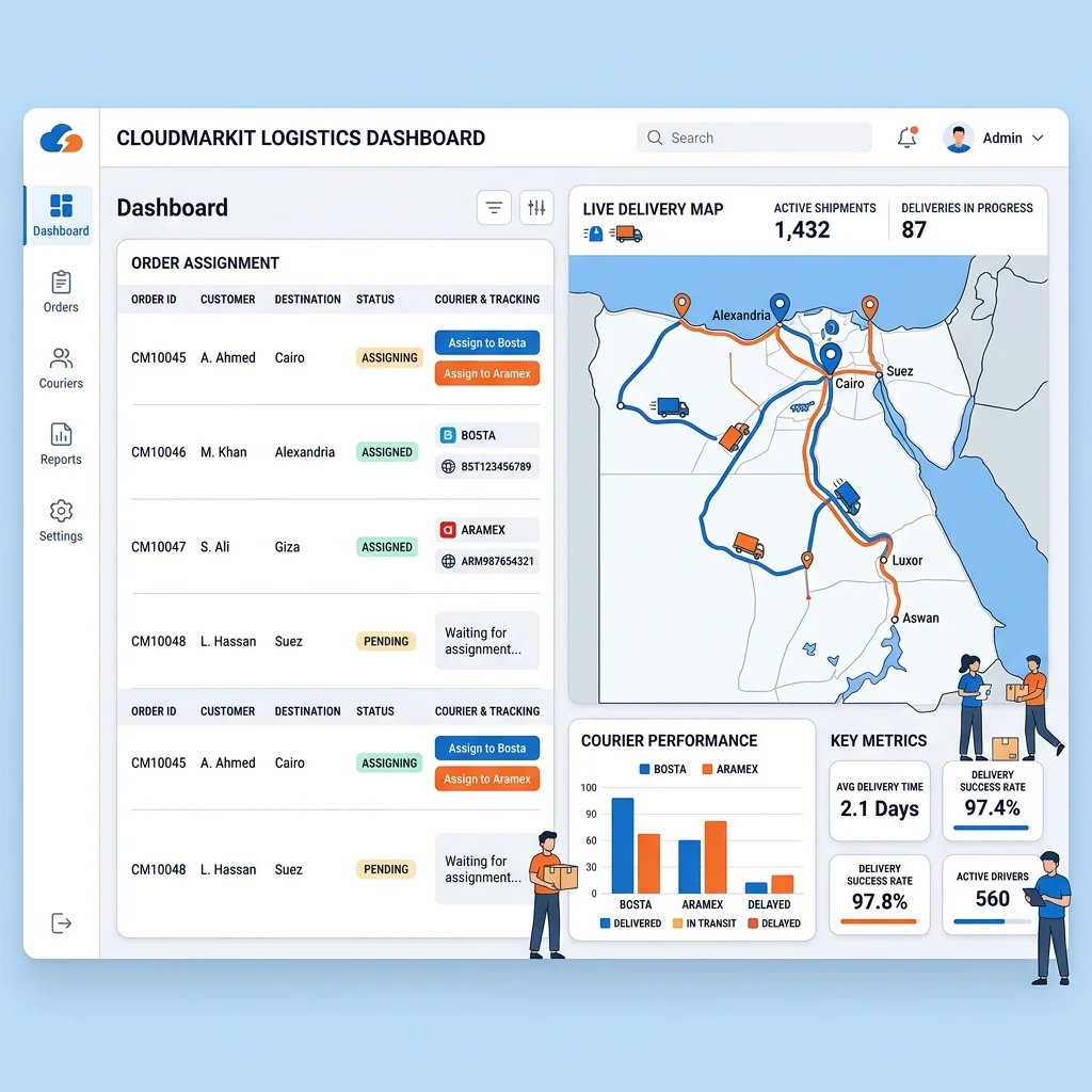لوحة CloudMarkit تربط Bosta + Aramex + Tracking للعميل