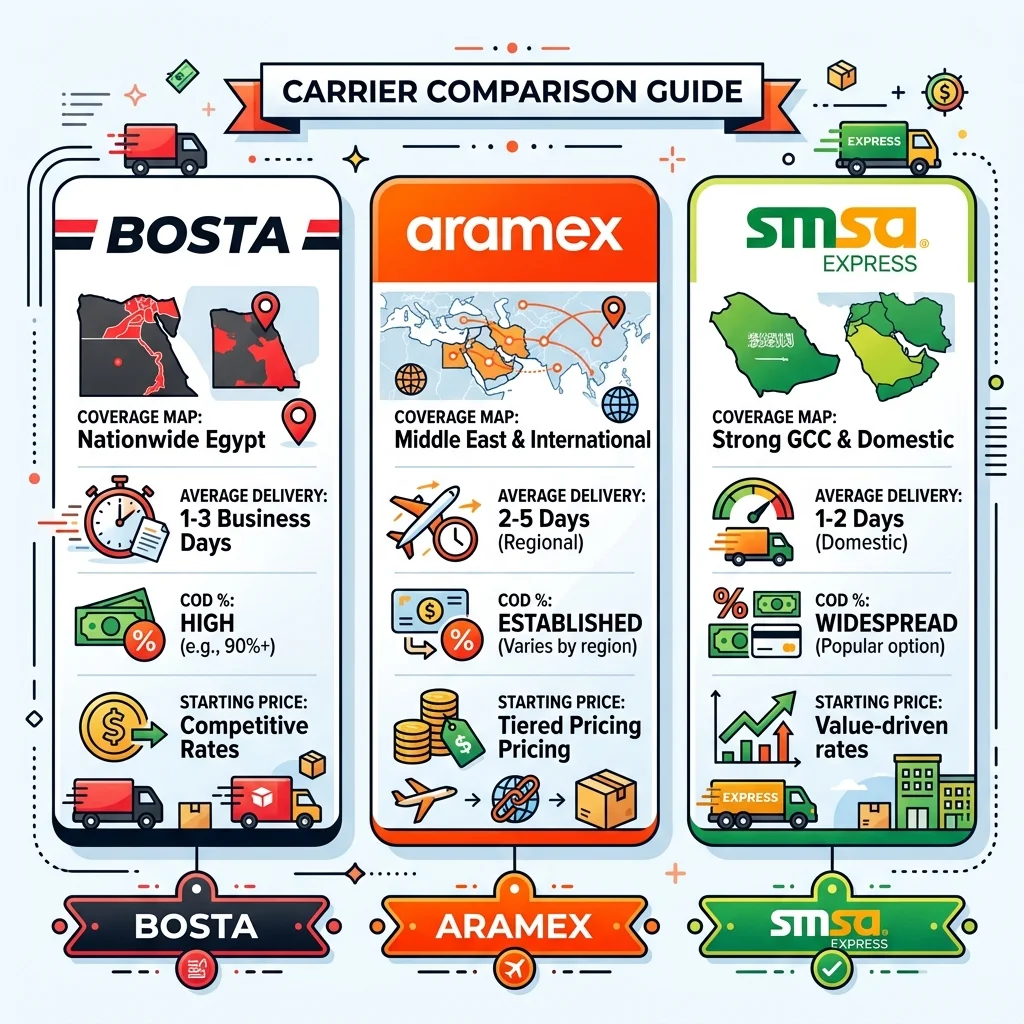مقارنة Bosta vs Aramex vs SMSA — التغطية، الأسعار، السرعة