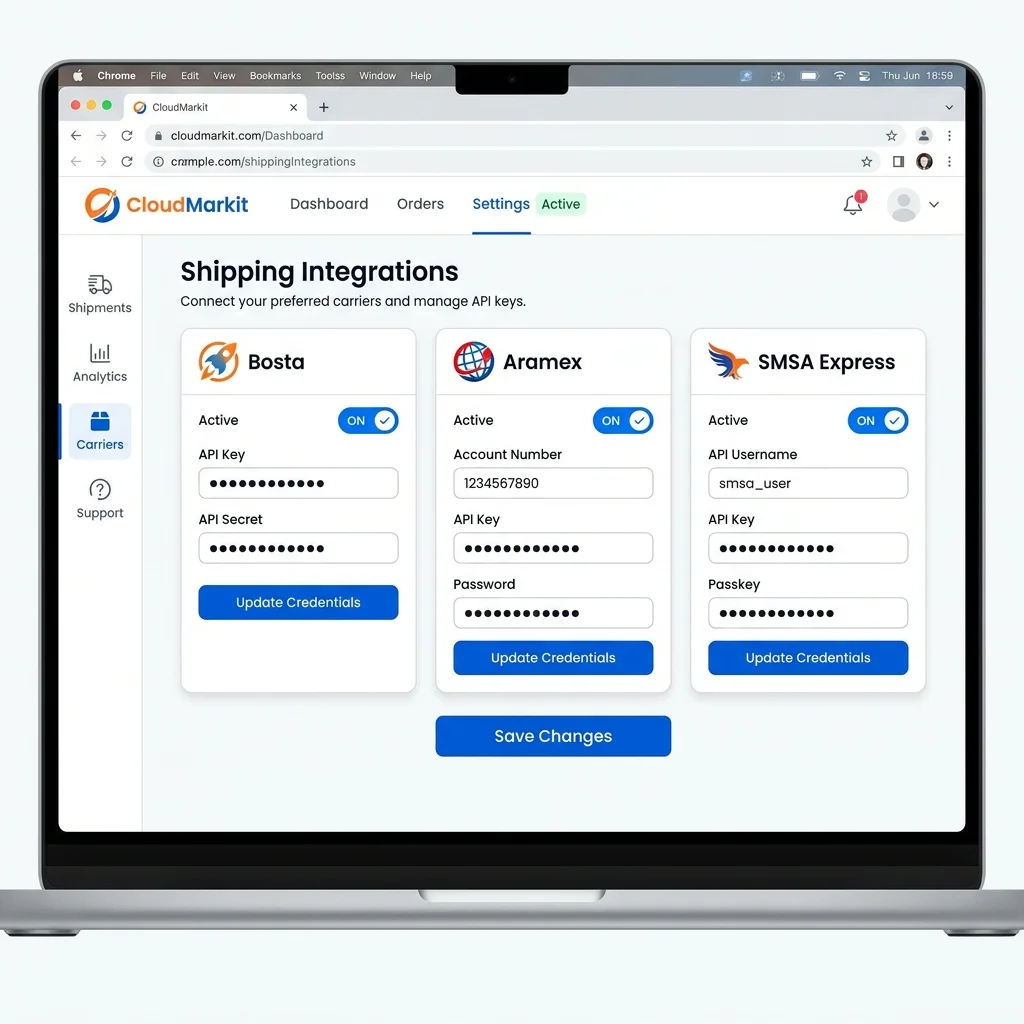 صفحة ربط شركات الشحن في CloudMarkit + API keys