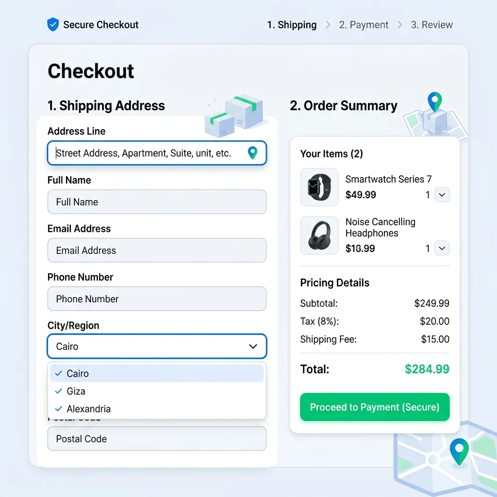 صفحة Checkout بـ 5 حقول عنوان + اختيار شركة الشحن