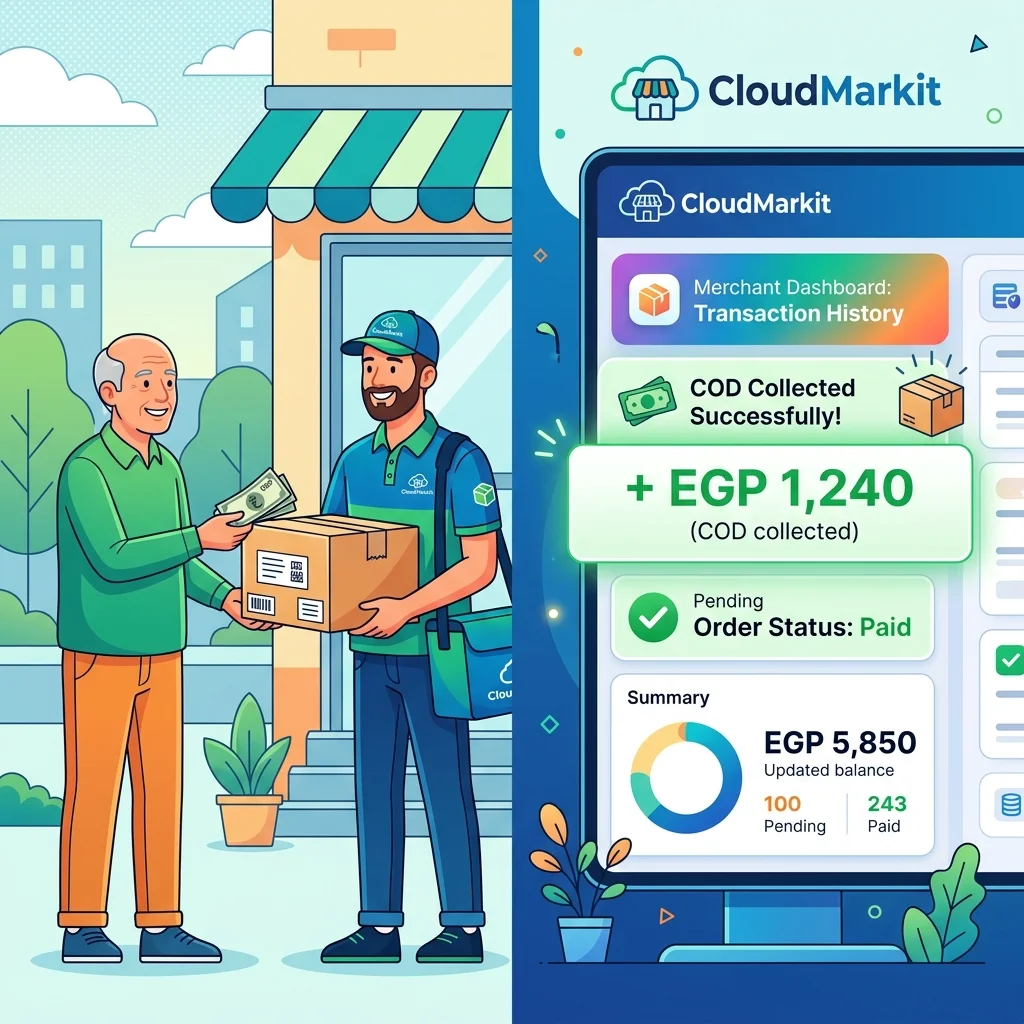 COD timeline: استلام الفلوس من العميل → تحصيل الشحن → تحويل التاجر