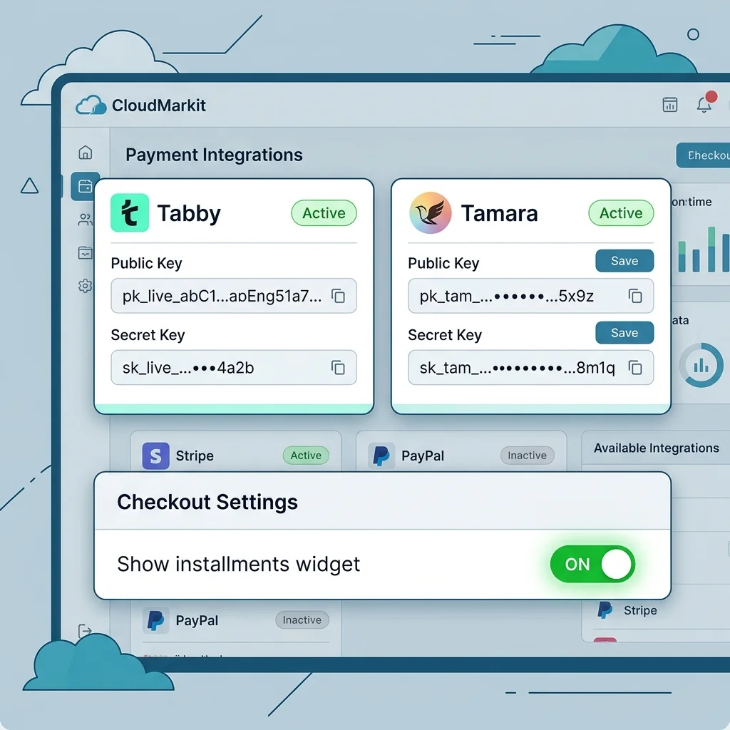 لوحة تحكم CloudMarkit في صفحة Payments — تفعيل Tabby + Tamara