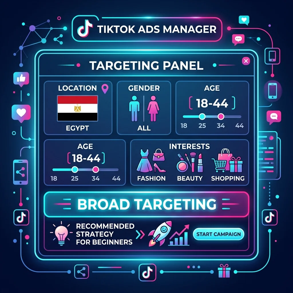إعدادات Ad Group: داخل، عمر، اهتمامات، ميزانية يومية
