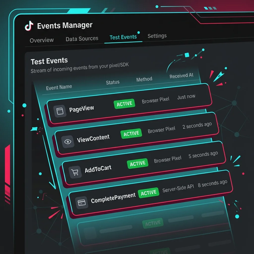 TikTok Test Events tab تعرض الأحداث الواردة في real-time
