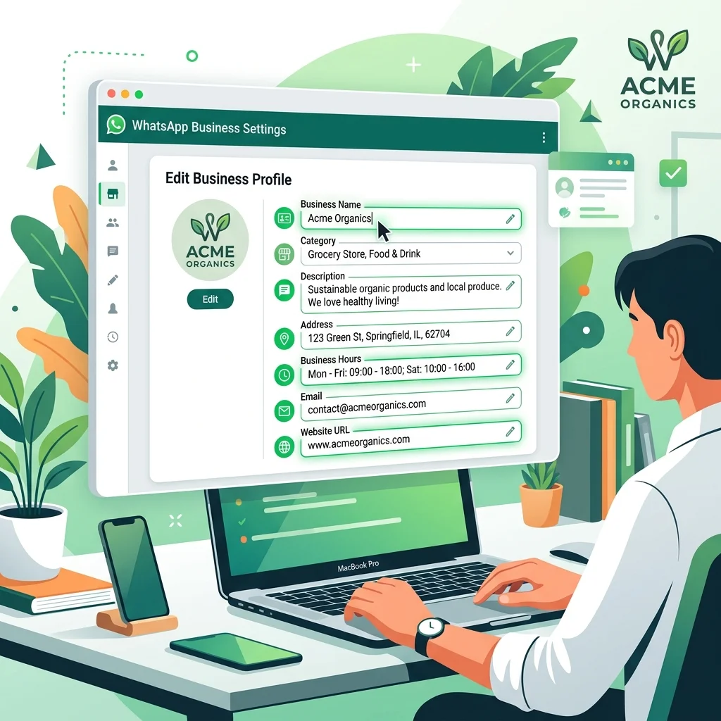 شاشة إعداد Business Profile باسم المتجر + وصف + ساعات العمل + العنوان